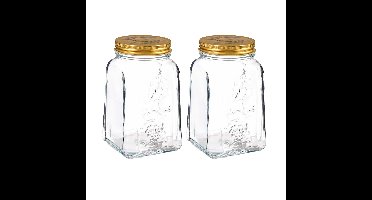 Voorraadpot/bewaarpot Square - 2x - glas - 1L - transparant/goud - D10 x H17 cm - voedsel bewaren
