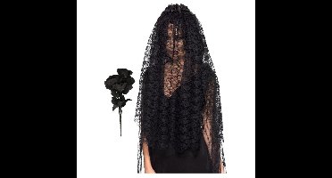 Zombiebruid/weduwe verkleedaccessoires set met sluier en rozen zwart 75 cm