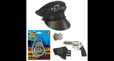 Zwarte politie verkleed pet met pistool/holster/badge/handboeien voor kinderen