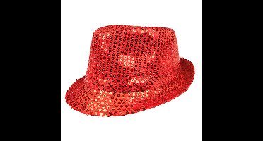 Boland Carnaval verkleed trilby hoedje - pailletten - Rood - volwassenen - Glitter and Glamour