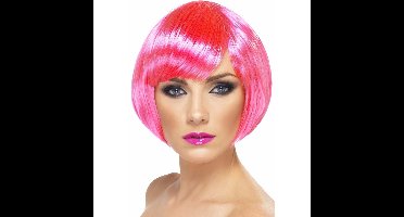 Carnaval verkleed damespruik - kort haar - neon roze - Supermodel Bobline - kort pittig