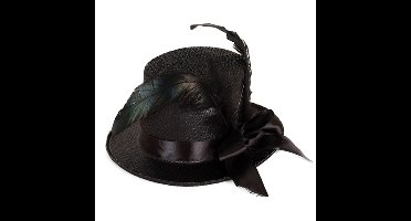 Carnaval verkleed mini hoog hoedje voor diverse thema's - zwart glitter - veren ornament - dames