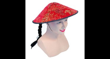 Chinese koelie hoed - rood - met vlecht - volwassenen