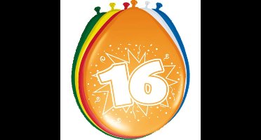 Folat Verjaardag leeftijd ballonnen 16 jaar - 8x - multi - 30 cm - feestartikelen/versieringen