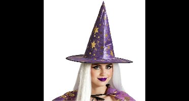Halloween heksenhoed - met sterren - one size - paars/goud - meisjes/dames