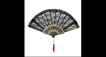 Handwaaier/Spaanse waaier van kant - zwart/goud - polyester - 40 cm