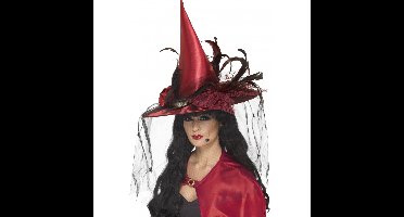 Heksen hoed - rood - met veren en sluier - heksenhoeden - Halloween