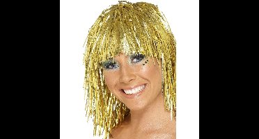 Lurex verkleed pruik - metallic goud - tinsel slierten pruiken - disco thema