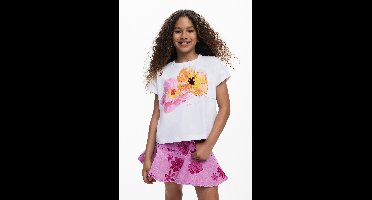 T-shirt met korte mouwen en geborduurde bloemen - WHITE - 13/14