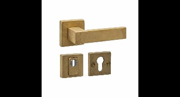 Intersteel achterdeurbeslag vierkant: deurkruk Amsterdam, massieve rozetten, SKG3 veiligheidsrozetten - PVD messing getrommeld
