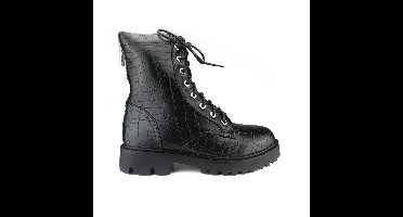 Zwarte Veterboots Met Dubbele Rits, Croco