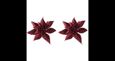 2x Kerstversieringen glitter kerststerren bordeaux/donkerrood op clip 8 cm