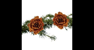 2x stuks kerstboom bloemen roos koper glitter op clip 10 cm