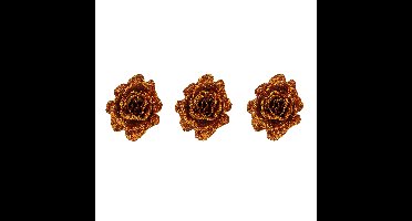3x stuks decoratie bloemen roos koper glitter op clip 10 cm