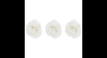 3x stuks decoratie bloemen roos wit glitter op clip 18 cm