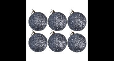 6x stuks kunststof glitter kerstballen donkerblauw 8 cm
