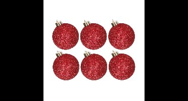 6x stuks kunststof glitter kerstballen rood 6 cm