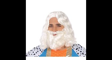 Atosa Verkleedpruik voor heren met baard - wit - half lang haar - Carnaval - Krijger/ridder/koning
