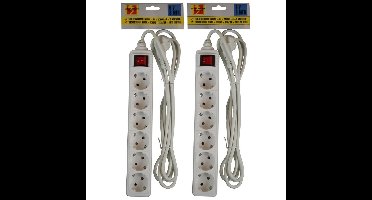 Benson stekkerdoos - 2x stuks - 6-voudig - wit - 3 meter - schakelaar