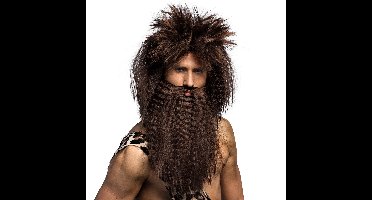 Boland Verkleedpruik met baard voor heren - bruin - Holbewoner - Carnaval - lang wild haar