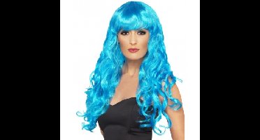 Carnaval verkleed damespruik - krullen blauw - lang haar - heksenpruik