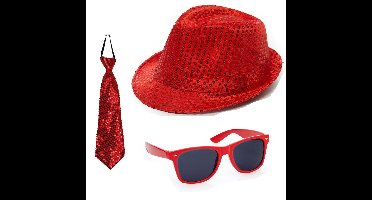 Carnaval verkleed set glitter hoed bril en stropdas rood