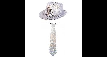 Carnaval verkleed set hoed met stropdas zilver glitters