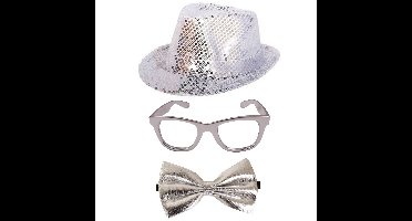 Carnaval verkleed set hoed-strikje-bril zilver glitters