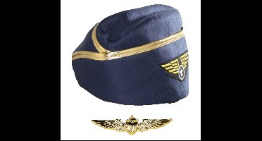Carnaval verkleedset - Stewardessen hoedje met wings broche speldje