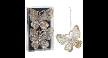 Christmas decoration Kersthanger - 2x - vlinder - goud - 15 cm