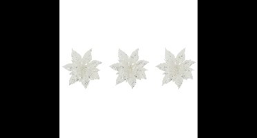 Cosy & Trendy Decoratie bloem - 4x - kerstster - clip - wit - glitter