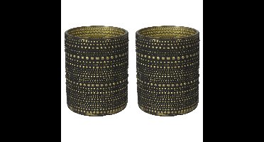 Countryfield Luxe theelichthouder - 2x - Aurora - zwart/goud - D7 x H8 cm