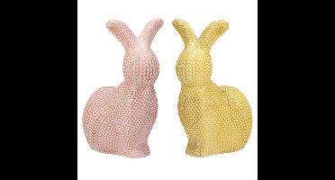 Decoratie paashaas - 2x stuks - roze en geel - dolomiet - 14 cm