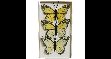 Decoris decoratie vlinders op draad - 3x - geel - 8 x 6 cm