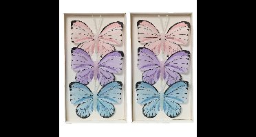 Decoris decoratie vlinders op draad - 6x - gekleurd - 8 x 6 cm