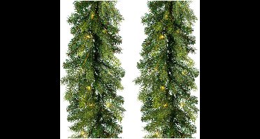 Decoris Guirlande - 2x - kerstslinger - groen - met licht - 270 cm - kerst