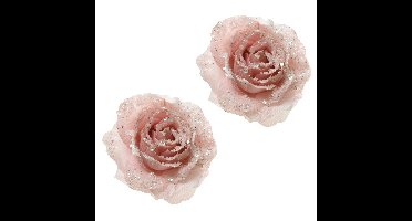 Decoris Kerst decoratie roos - 2x - op clip - roze - D14 cm - kunststof