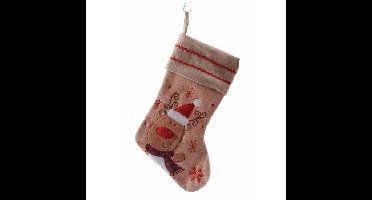 Decoris kerst sok met rendier - bruin - jute - H45 cm