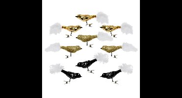 Decoris Kerst vogeltjes - 9x st - op clip - goud/zwart - 8 cm - glas
