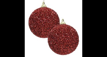 Decoris Kerstbal - 2x - rood - glitter - D8 cm - kunststof