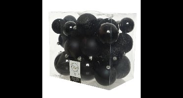 Decoris Kerstballen - 26x st - zwart - 6-8-10 cm - kunststof