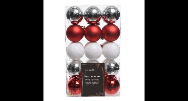 Decoris kerstballen - 30x - rood/wit parelmoer/zilver- 6 cm -kunststof