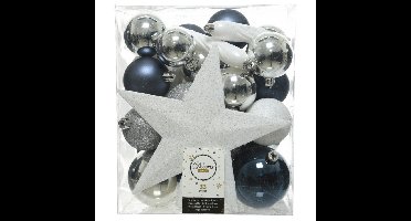 Decoris kerstballen - 34-dlg - blauw/wit/zilver - kunststof