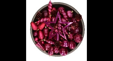 Decoris kerstballen, ornamenten en piek - set - 60-dlg -donkerroze-kunststof