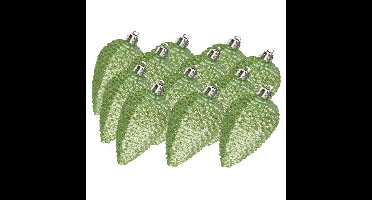 Decoris Kersthangers dennenappels - 12x st - groen - glitter - 8 cm