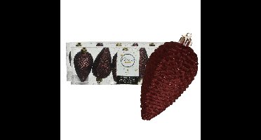 Decoris Kersthangers dennenappels - 12x st - mahonie - glitter - 8 cm