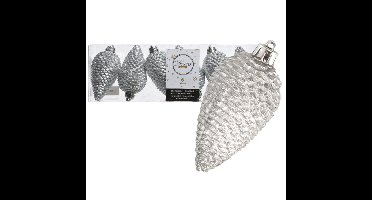 Decoris Kersthangers dennenappels - 6x st - zilver - glitter - 8 cm