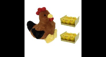 Decoris Pluche kippen knuffel - 25 cm - met 12x stuks mini kuikentjes