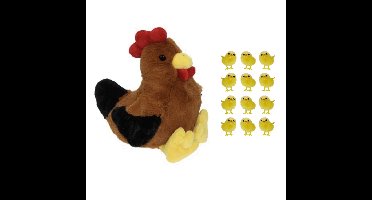 Decoris Pluche kippen knuffel - 25 cm - met 12x stuks mini kuikentjes