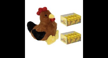 Decoris Pluche kippen knuffel - 25 cm - met 16x stuks mini kuikentjes